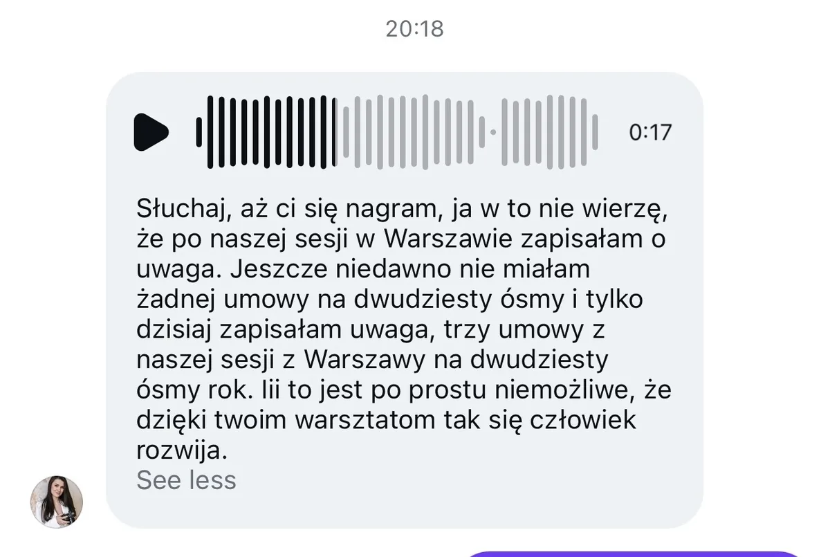 Screenshot wiadomości od uczestniczki po warsztatach